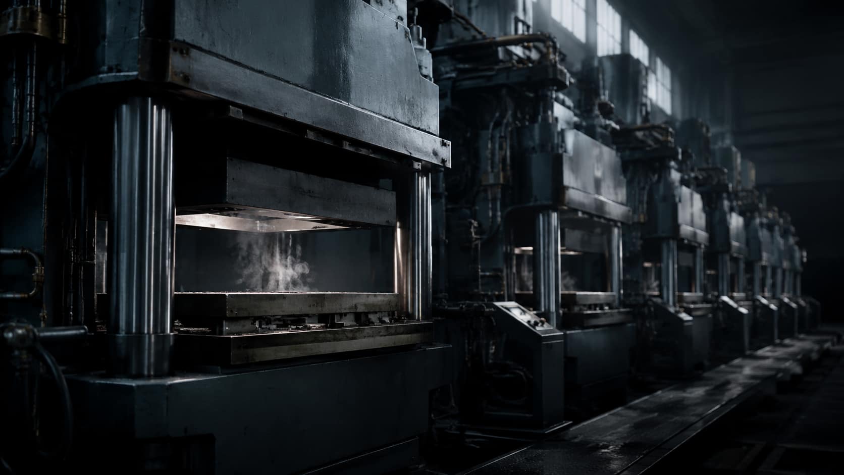 A row of compression moulding presses down a dim production hall, one platen open with heat rising off it