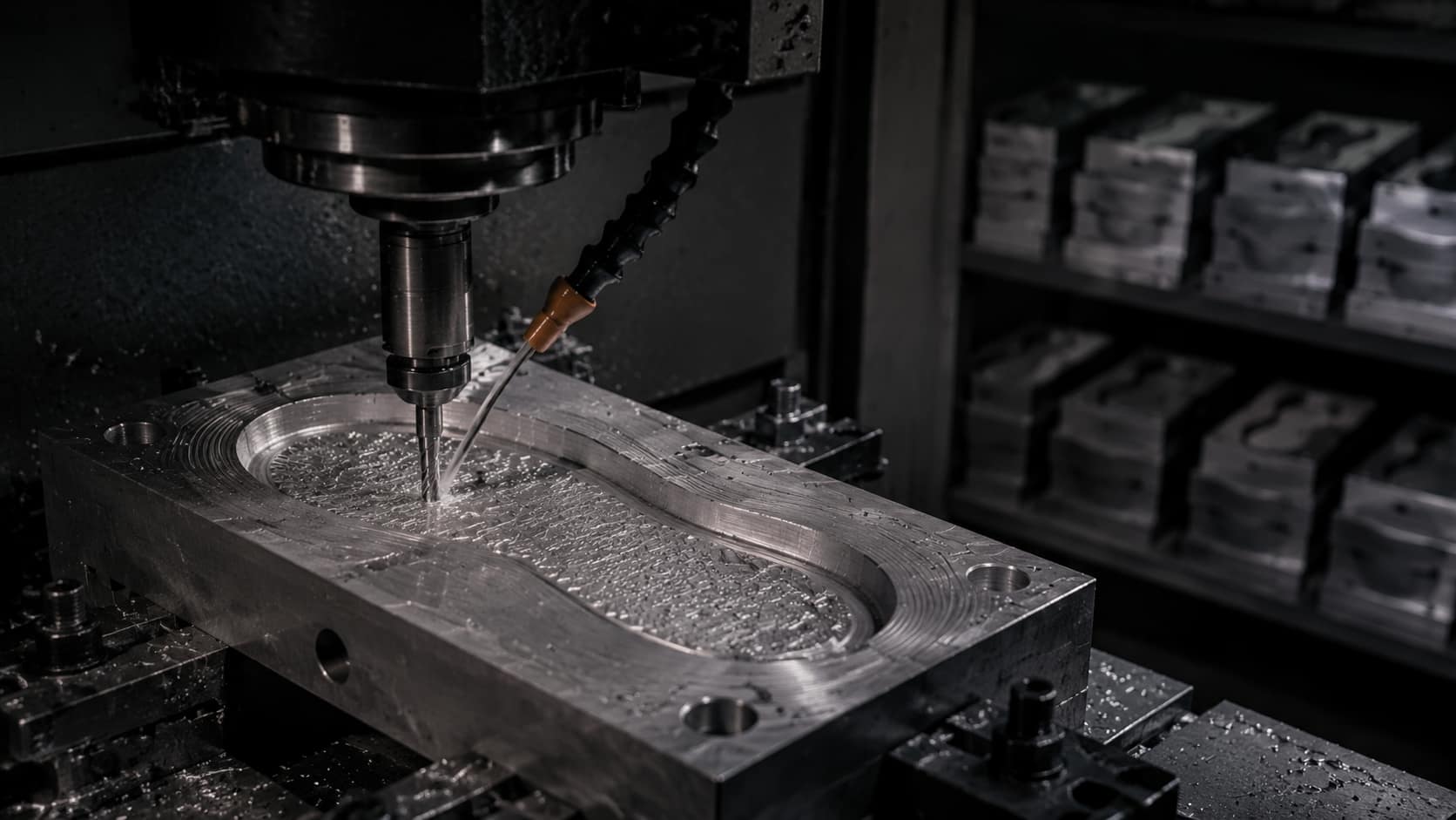 A CNC machining centre cutting a sole mould cavity, coolant and chips at the cutter, finished mould blocks racked behind