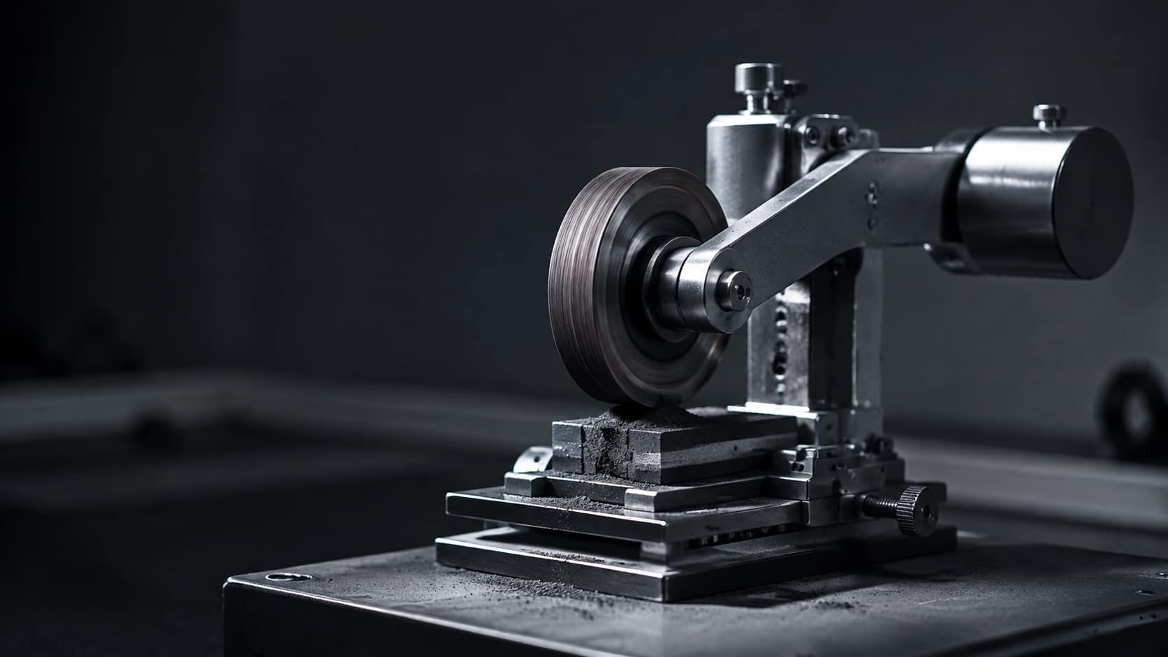 A laboratory abrasion tester, a rubber test specimen clamped under the rotating wheel with worn dust gathered below
